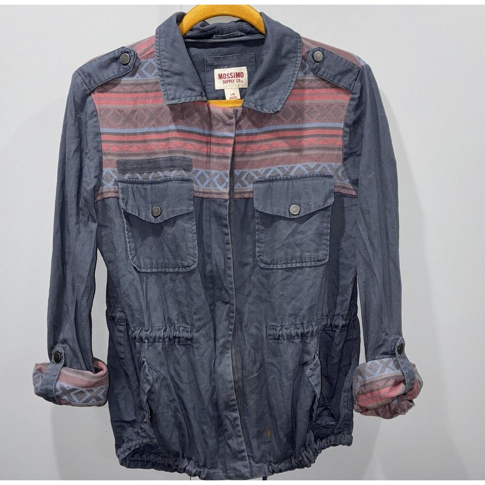 Mossimo Utility Jacket Womens L Blue Aztec Pockets Cotton Outdoor Boho Casual